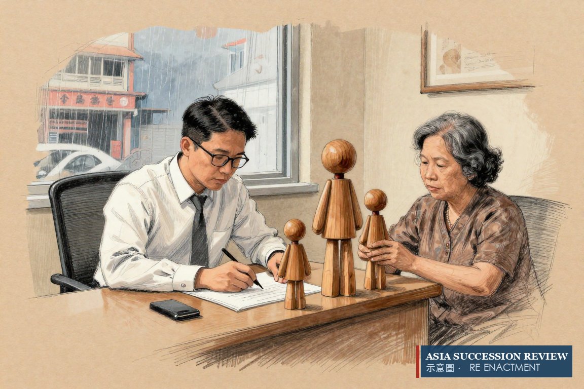 A lawyer moves two small figures to the centre and sets the tall one aside: the children inherit, not the grandmother.
