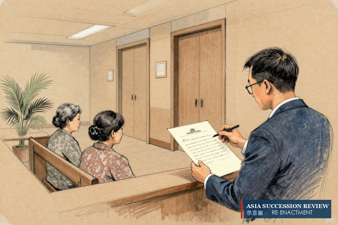 A clerk shows two grandmothers one line of a will: the father names the guardian, and the court starts from that page.