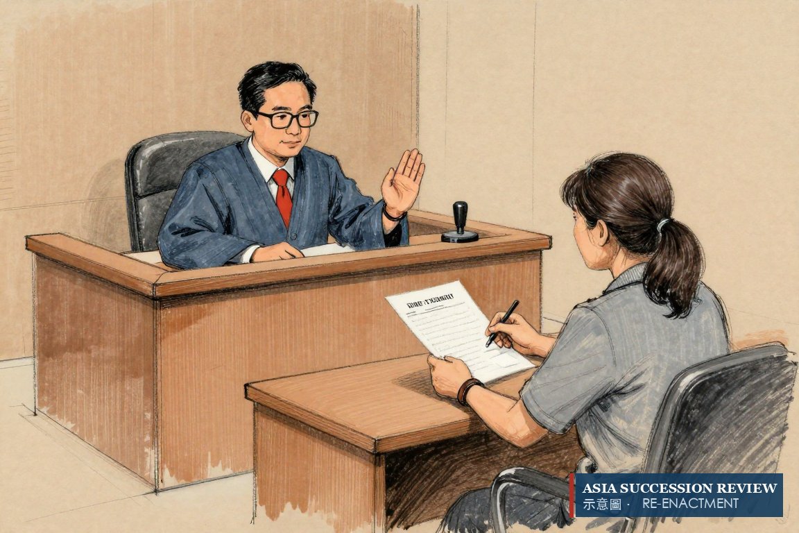 A judge's raised palm stops a guardian holding a share-transfer form: no sale of an infant's property without the court.