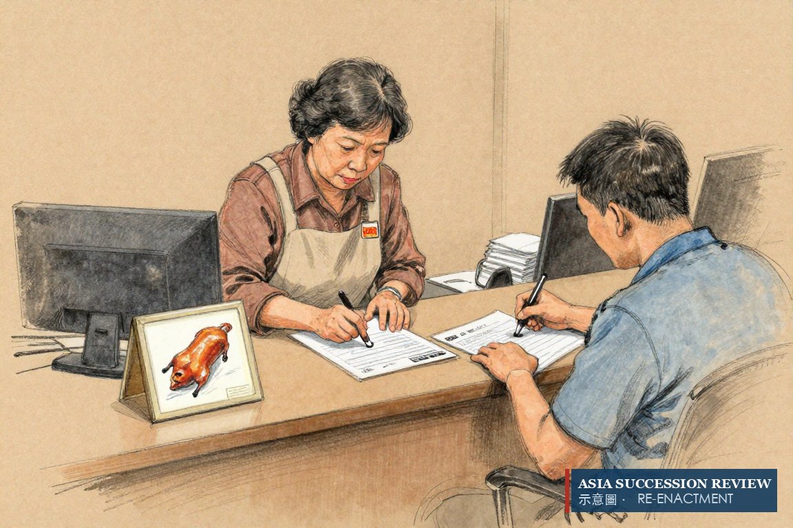The founder registers the mark in her name as her son signs a licence: the sign stays with its maker.