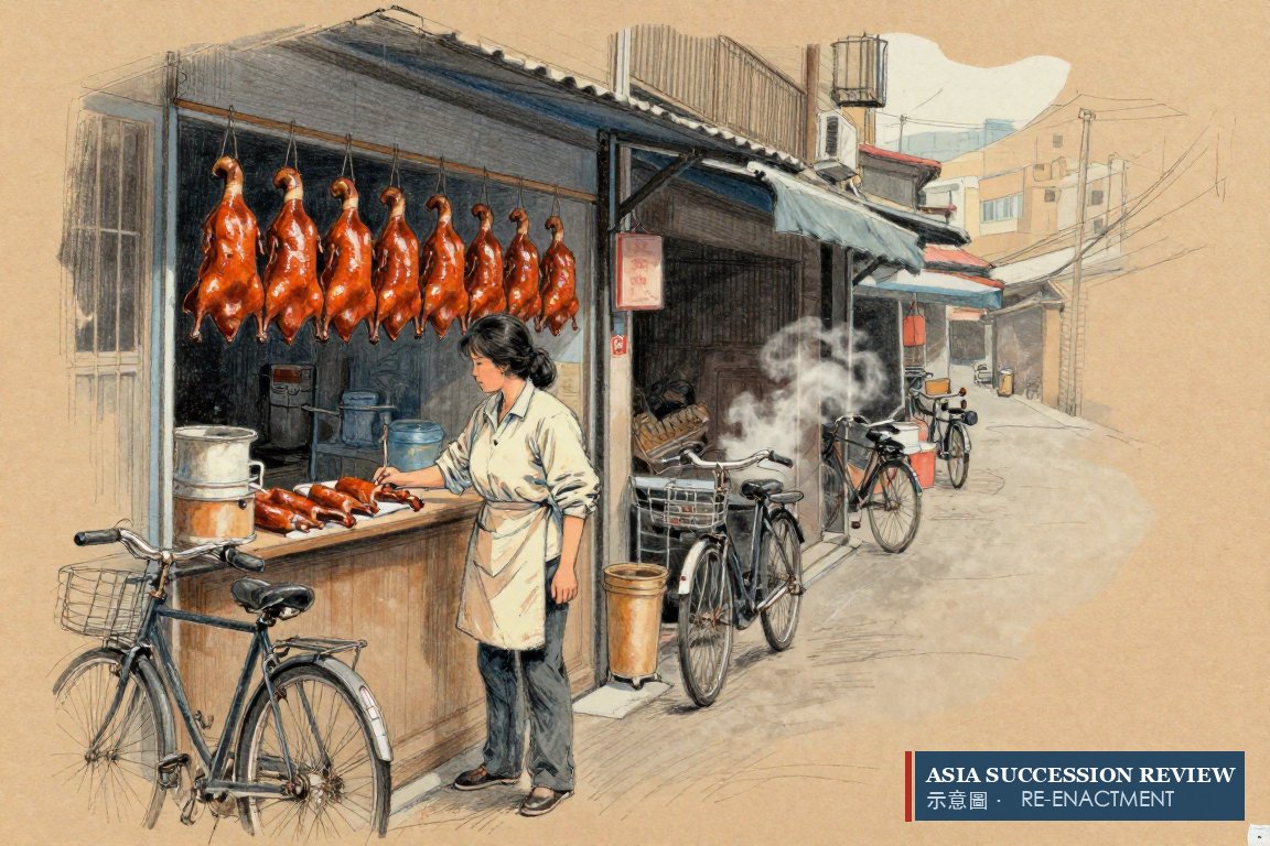 A couple hang roast ducks in a narrow Taipei shop window beside a market: 東門鴨莊 opens on Jinshan South Road in 1979.