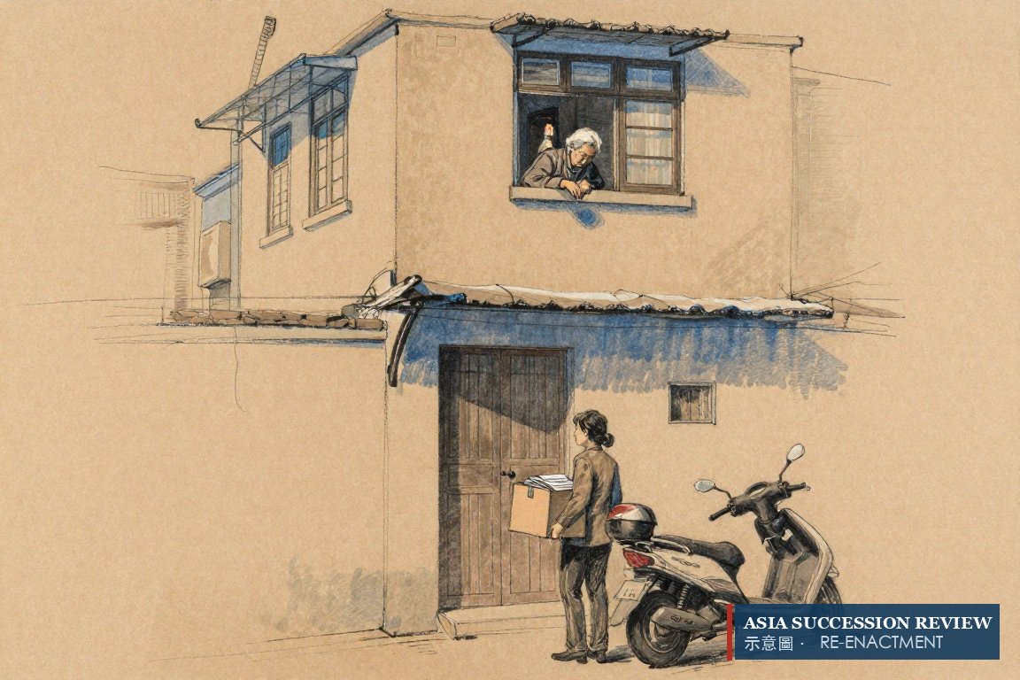 A grandmother at an upstairs window as another woman carries files into the flat below: article 1094 decides.