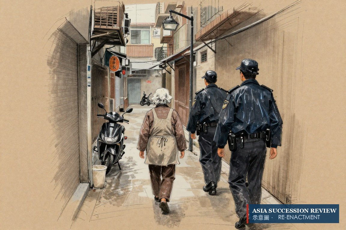 A white-haired founder between two police officers at a shuttered glass door: removed as a stranger to her company.