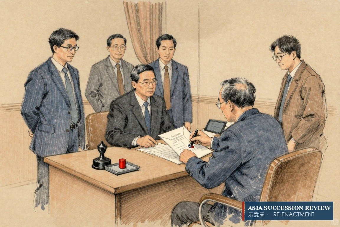 ผู้ก่อตั้งสูงอายุผนึกพินัยกรรมที่พับไว้ต่อหน้าพยานสี่คน — พินัยกรรมแบบผนึกลงวันที่ 17 ธันวาคม 2014