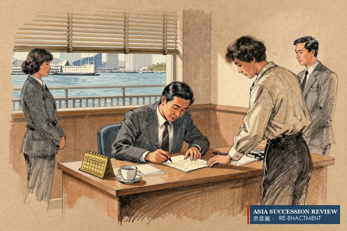 A founder signs his will in a 1978 Hong Kong law office, twenty-eight years before it is read.
