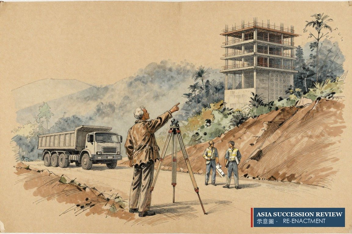 Founder on a misty hill road above a half-built resort, where the family fortune began.