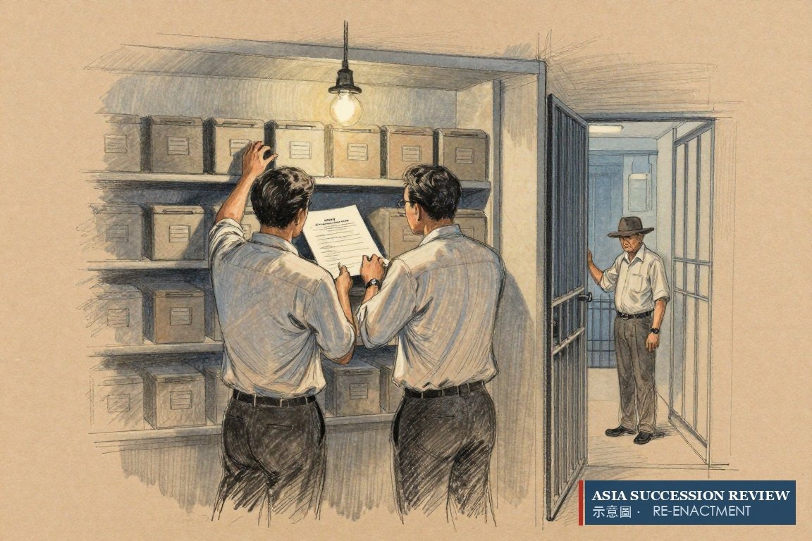 Two brothers read a trust deed inside a strongroom while the eldest waits outside, excluded.