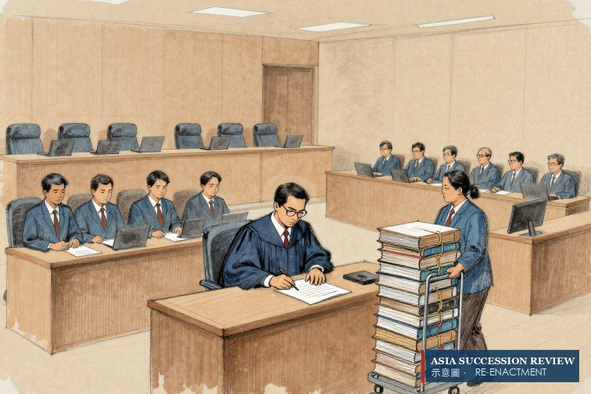 A judge signs one consent order as nine tied case files are wheeled away — the 2019 settlement.