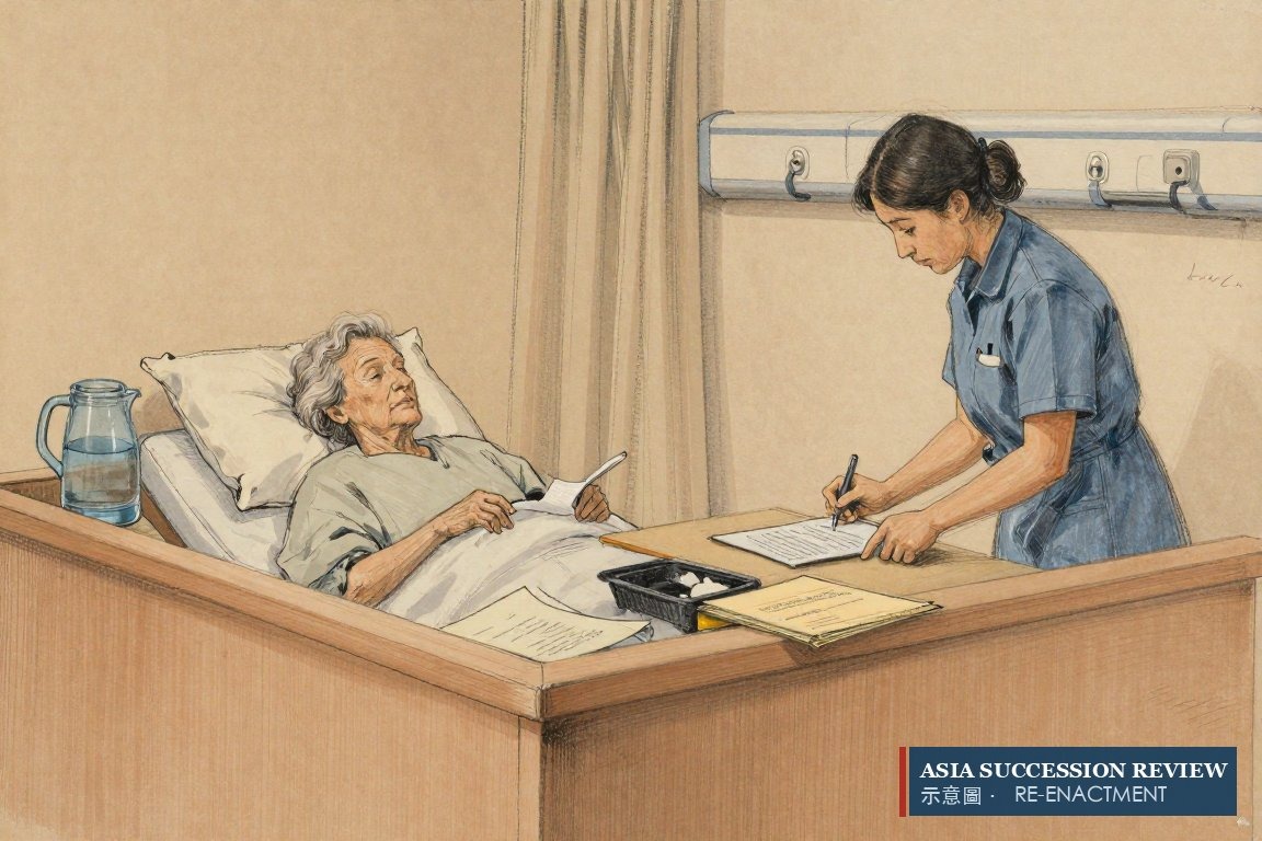 An ill matriarch signs a third will in a hospital bed, two earlier wills on the cabinet.