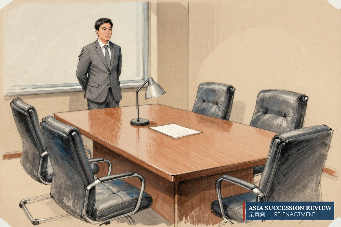 Three empty chairs around a table with one blank sheet under a lamp.