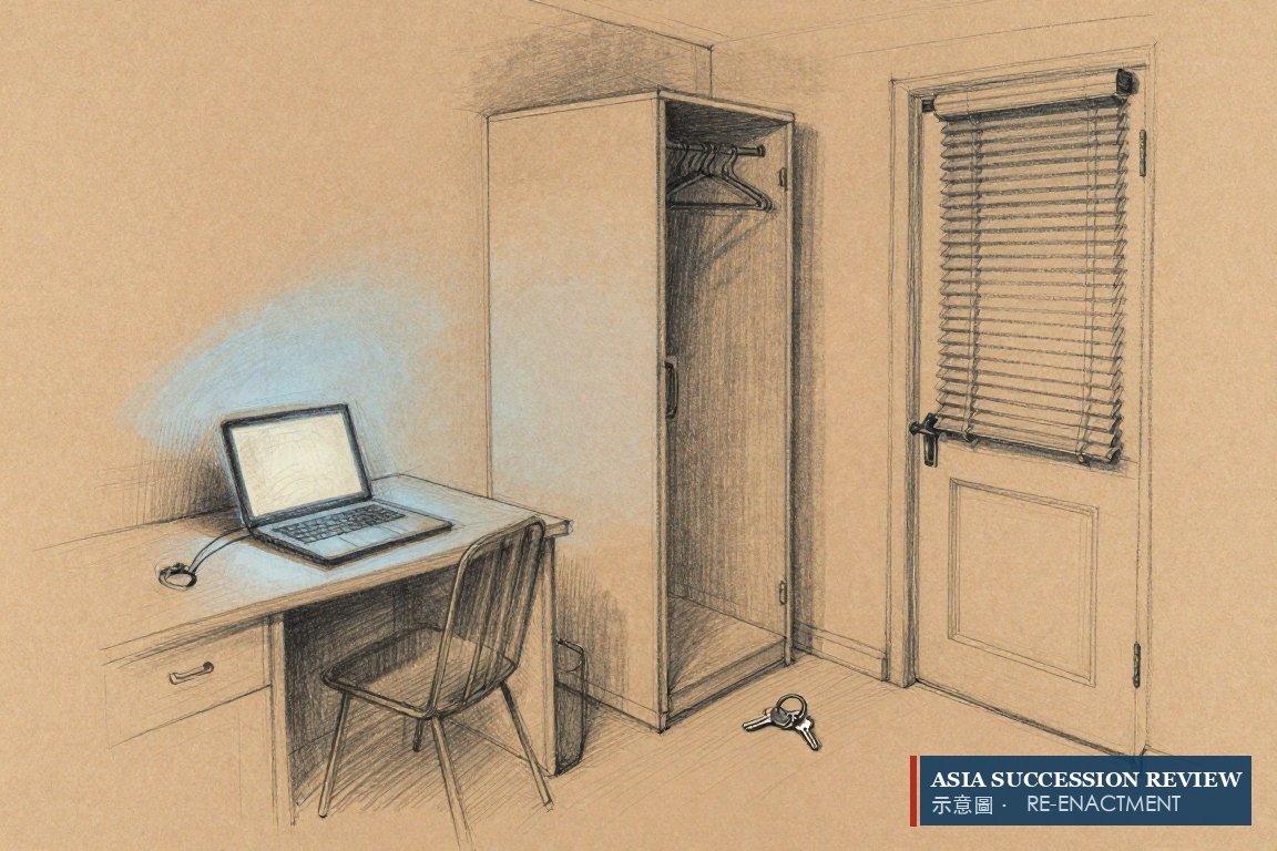 An empty apartment at night with a glowing laptop and a bare wardrobe.