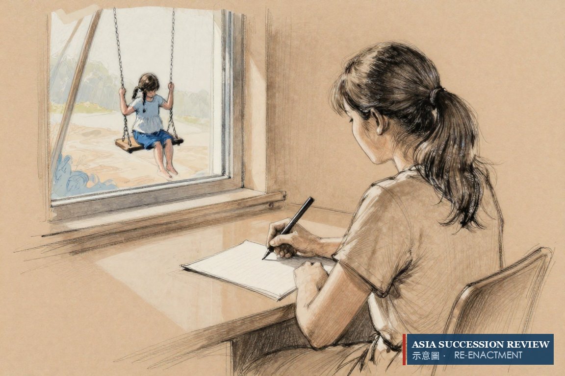 A mother pauses with a pen over a blank sheet as her child swings outside.