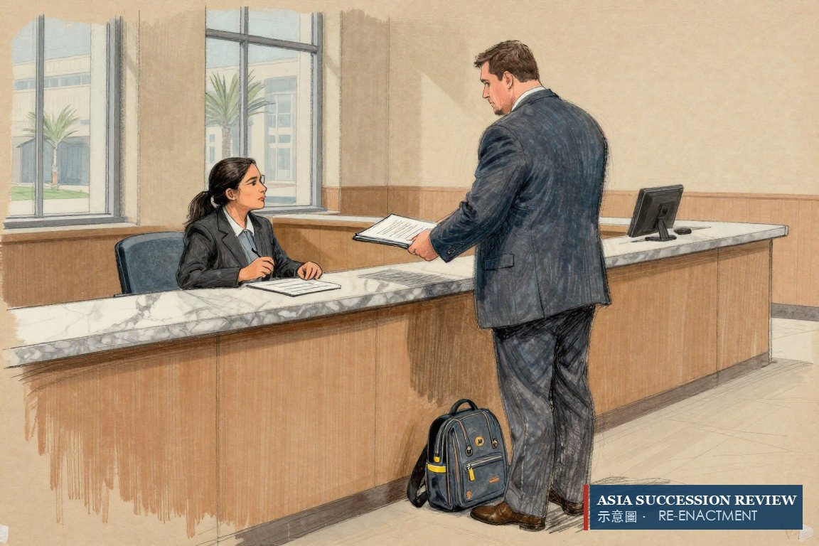 A father hands a thick folder to a clerk at a Los Angeles courthouse counter.