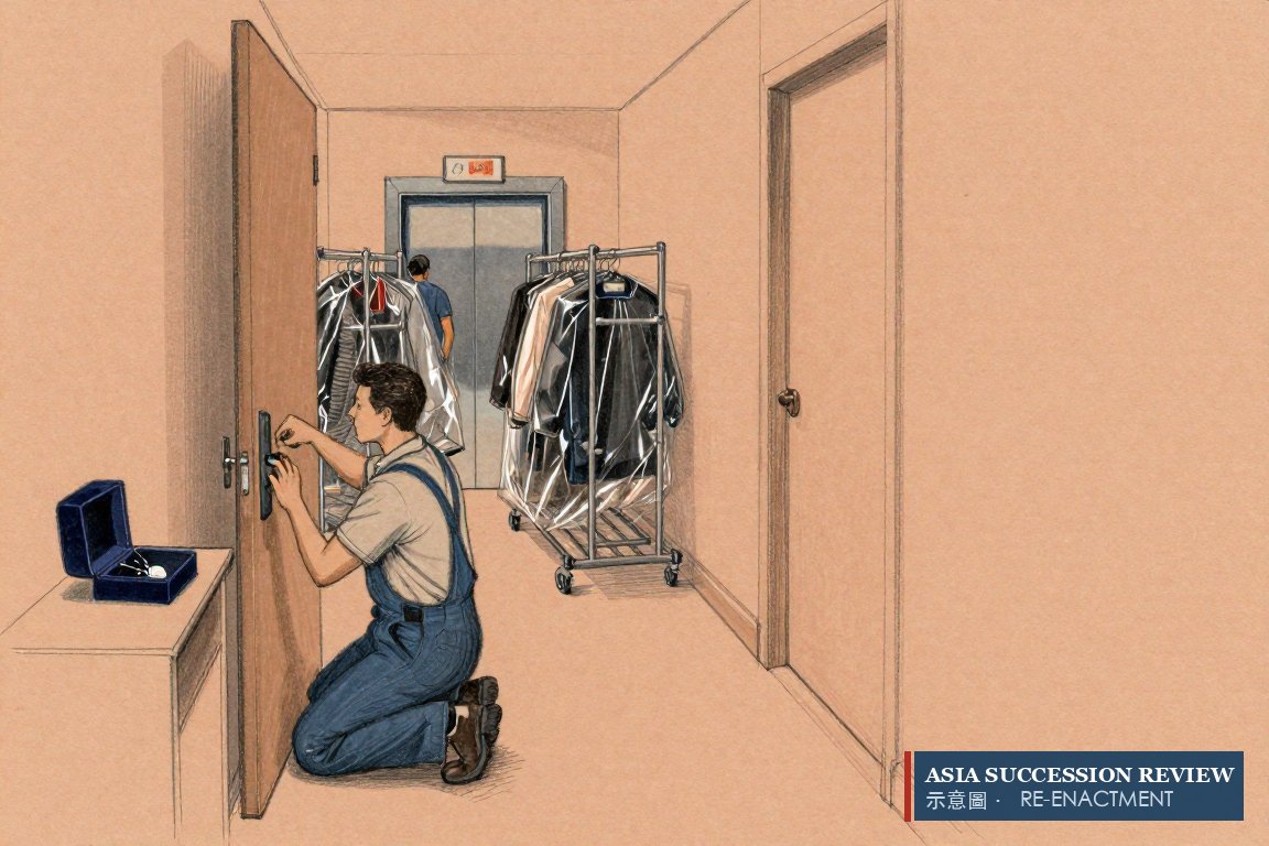Movers wheel garment racks past a locksmith changing an apartment lock.