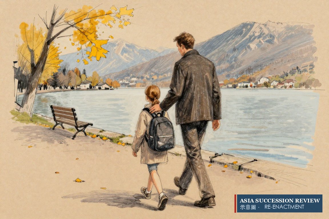 A father and his young daughter walk along a European lake in autumn.