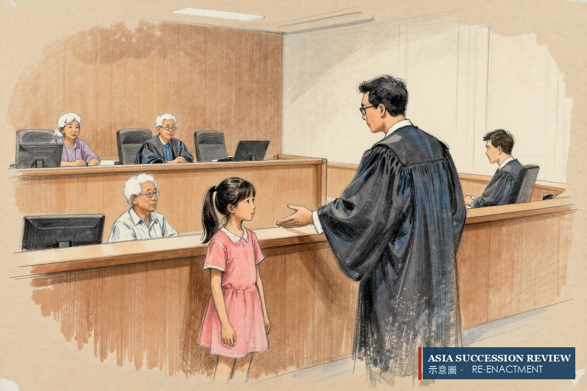 A registrar gestures to a young girl while her relatives sit behind her.