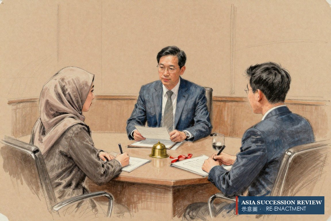 Two administrators sit across a desk from a father at a trust company.