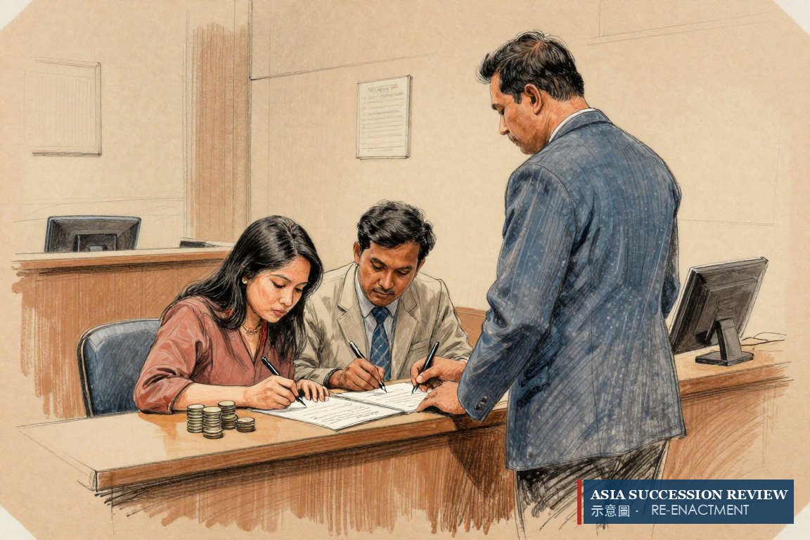 Two sureties sign a bond at a Singapore courthouse counter.