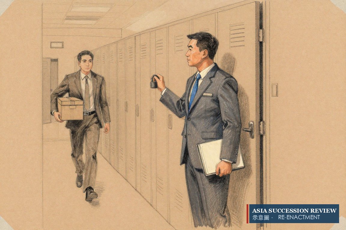 A public officer holds a storage room padlock shut while a man hurries past.