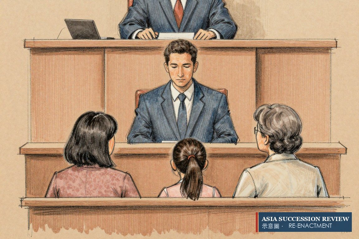 A father and an appointed guardian sit either side of a girl before a judge.