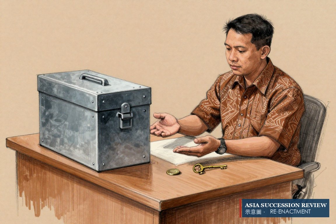 A guardian shows empty hands while a judge holds the key to a locked box.