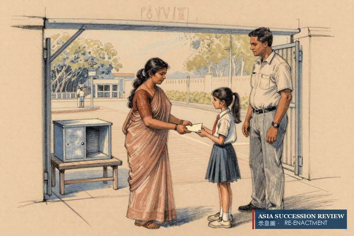 A trustee hands an envelope to a schoolgirl at the gate as her father watches.