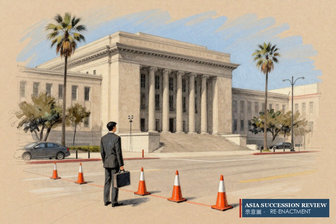 A Singapore lawyer stands across the street from a Los Angeles courthouse.