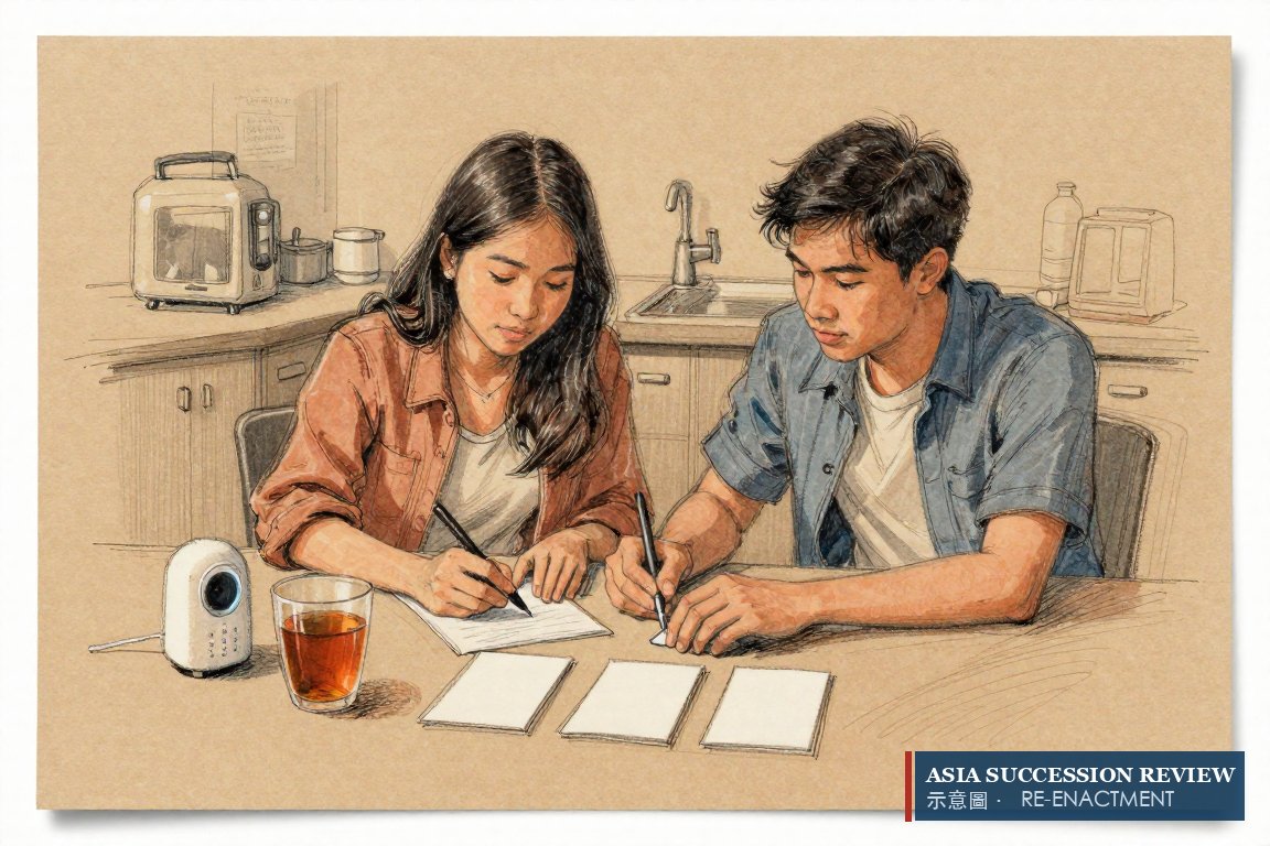 A young couple at a kitchen table at night with three blank cards.