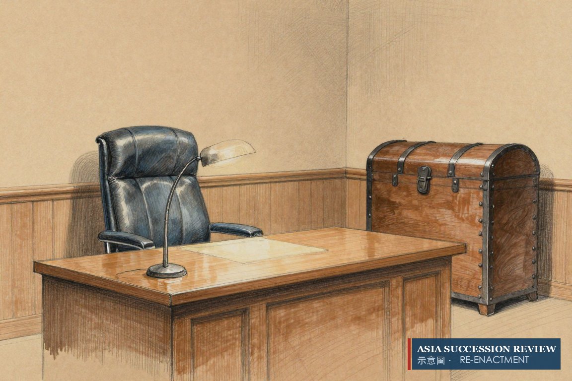 Kursi ketua kosong diterangi lampu, dan peti terkunci di sudut.