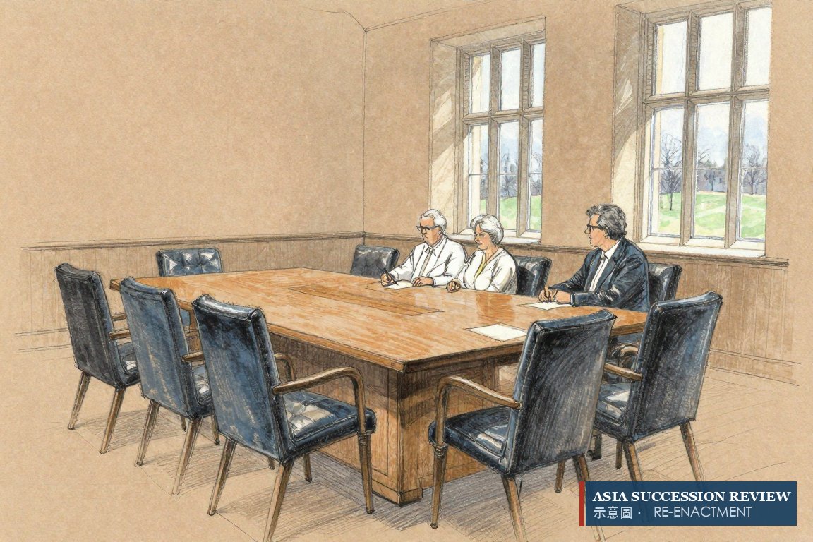 Ruang rapat dewan keluarga dengan tiga kursi kosong yang didorong mundur.