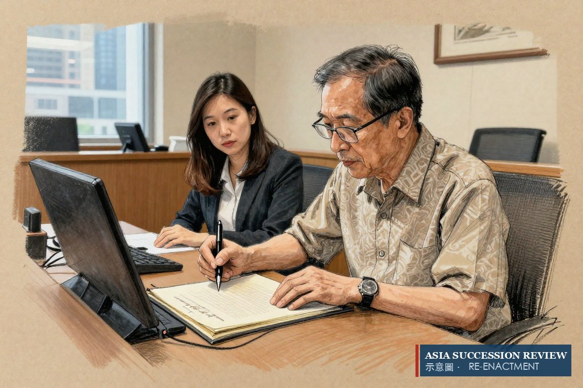 Seorang pendiri menandatangani akta trust di kantor hukum Singapura.