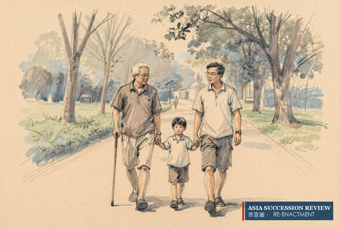 Tiga generasi keluarga Singapura berjalan di Kebun Raya.