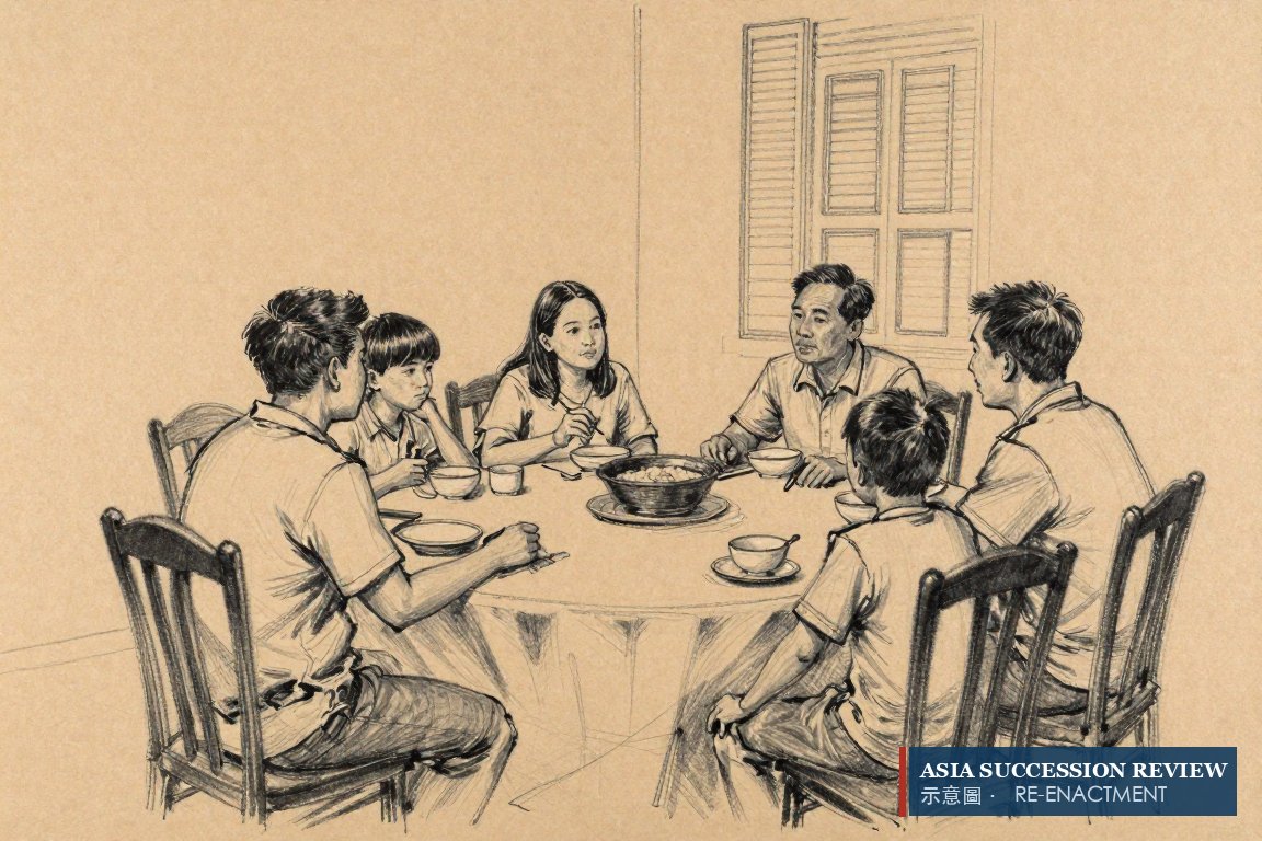 Sebuah keluarga membicarakan suksesi di meja makan.
