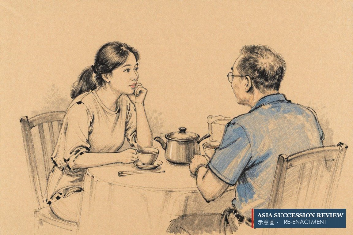 Seorang putri bertanya dengan tenang kepada ayahnya sambil minum teh di rumah.
