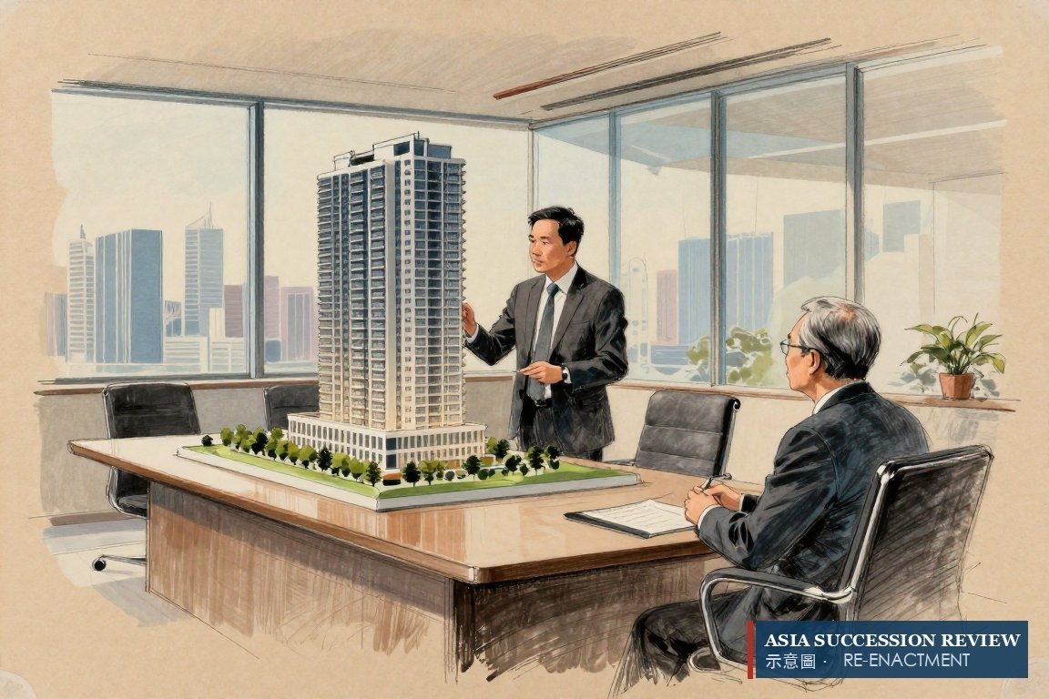Son presenting a tower model as chief executive while his father sits beside him as chairman, the apparent handover.