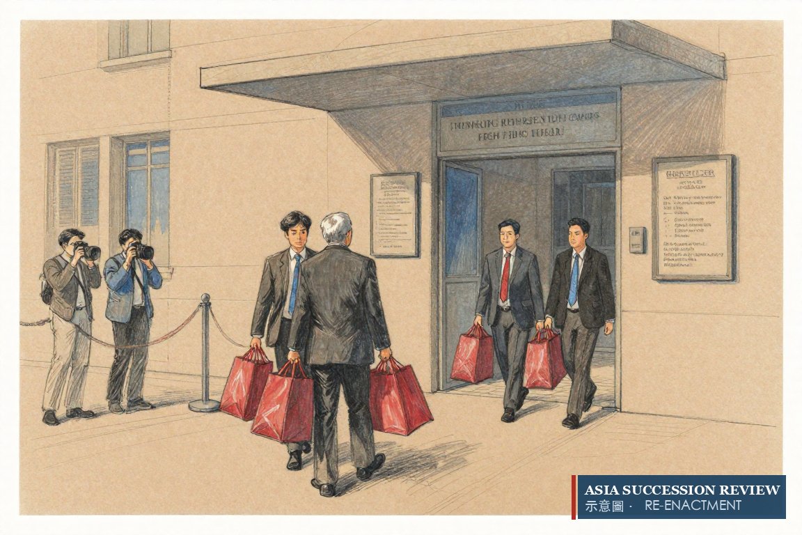 Father and son arriving at the Singapore High Court with separate lawyers after the chairman sued his own chief executive.