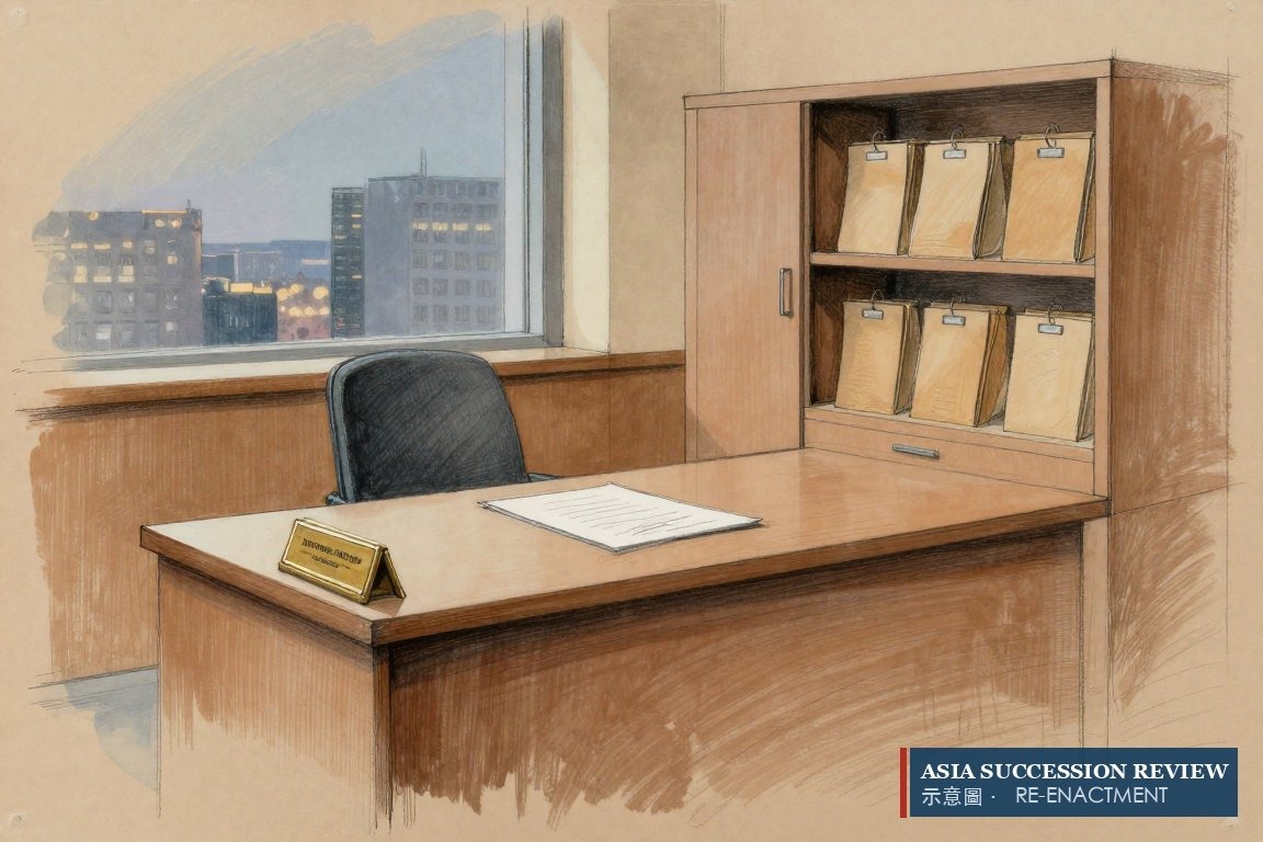 An empty office and an unsigned sheet in a bare file drawer — the transfer of control was never documented.
