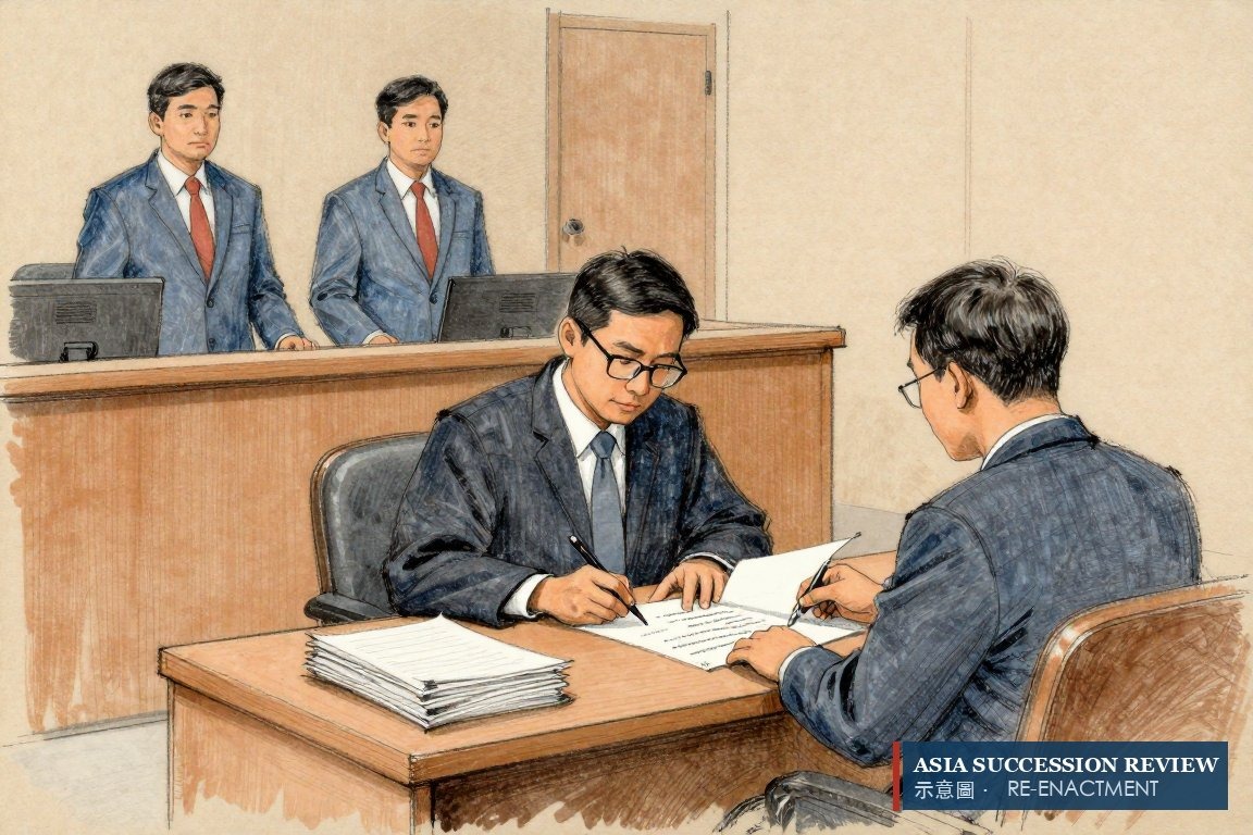 ผู้พิพากษาลงนามพินัยกรรมโดยคำสั่งศาลขณะผู้อนุบาลยืนอยู่หลังราว — มีแต่ศาลเท่านั้นที่ถือปากกา