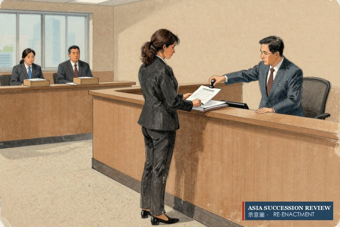 Seorang perempuan mengajukan permohonan tebal di loket pengadilan Los Angeles — permohonan trust 26 Agustus 2026.