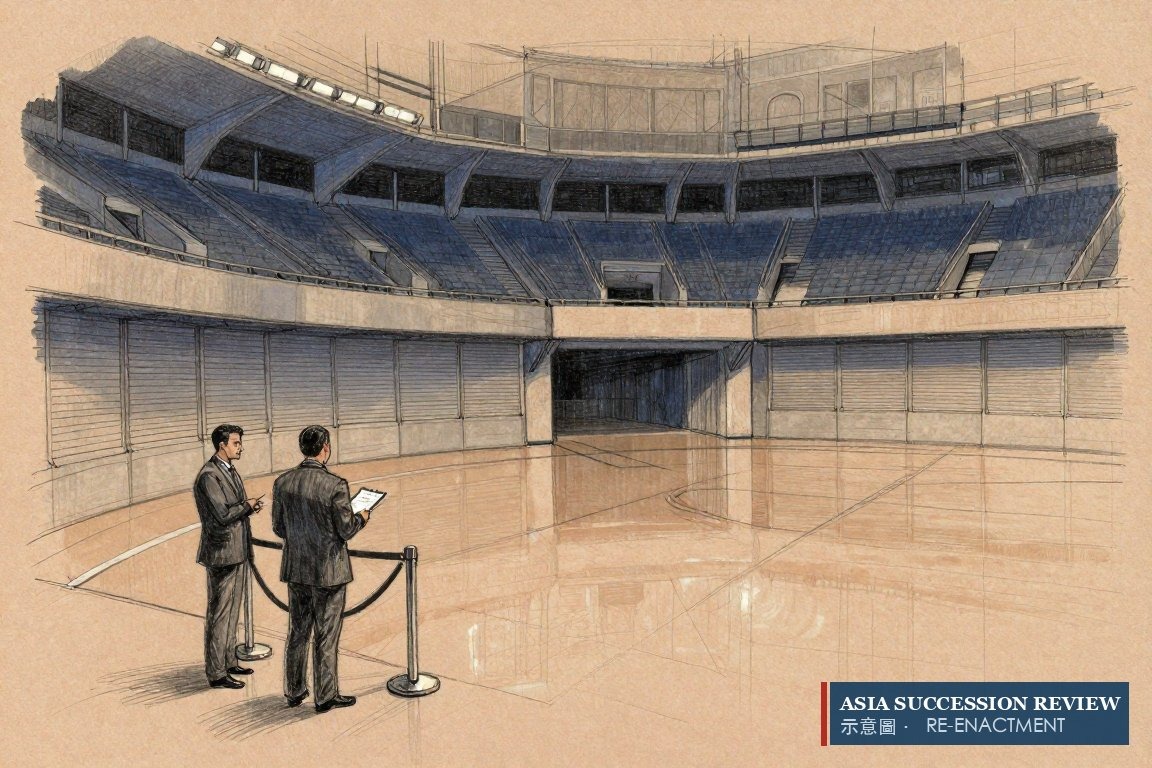 Pejabat liga dan pengacara berunding di selasar arena kosong — aturan kepemilikan berada di atas akta trust mana pun.
