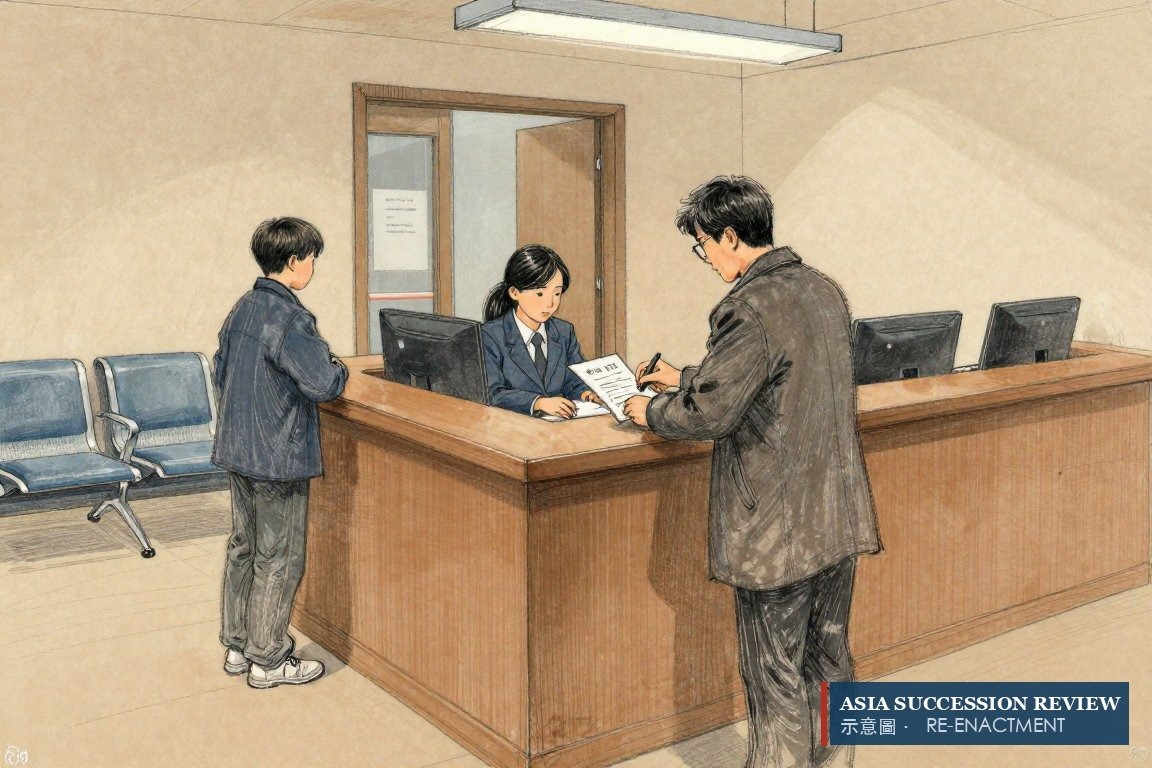 A man files a family-register form at a district counter while a boy waits behind — the 2004 adoption.