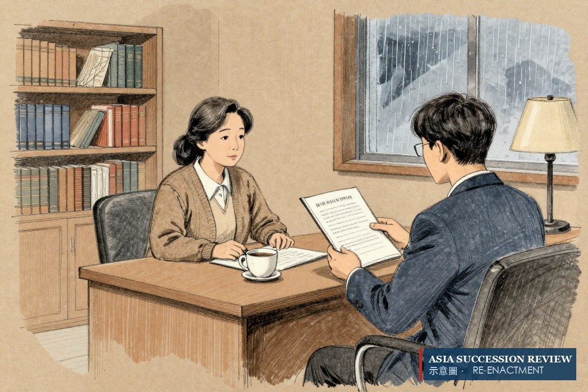 A lawyer holds up a statute page to an elderly client — article 905, the petition to dissolve an adoption.