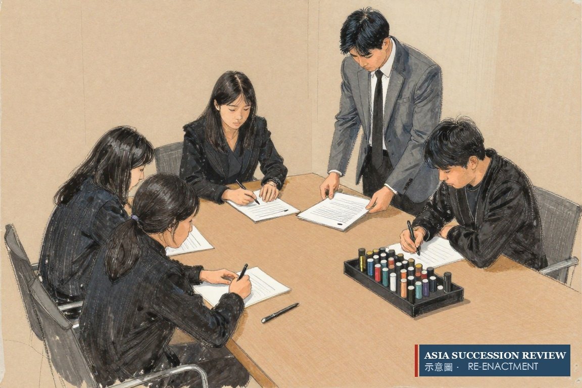 A woman's hand rests on an unsigned partition agreement at a long table — the article 1013 division of the estate.