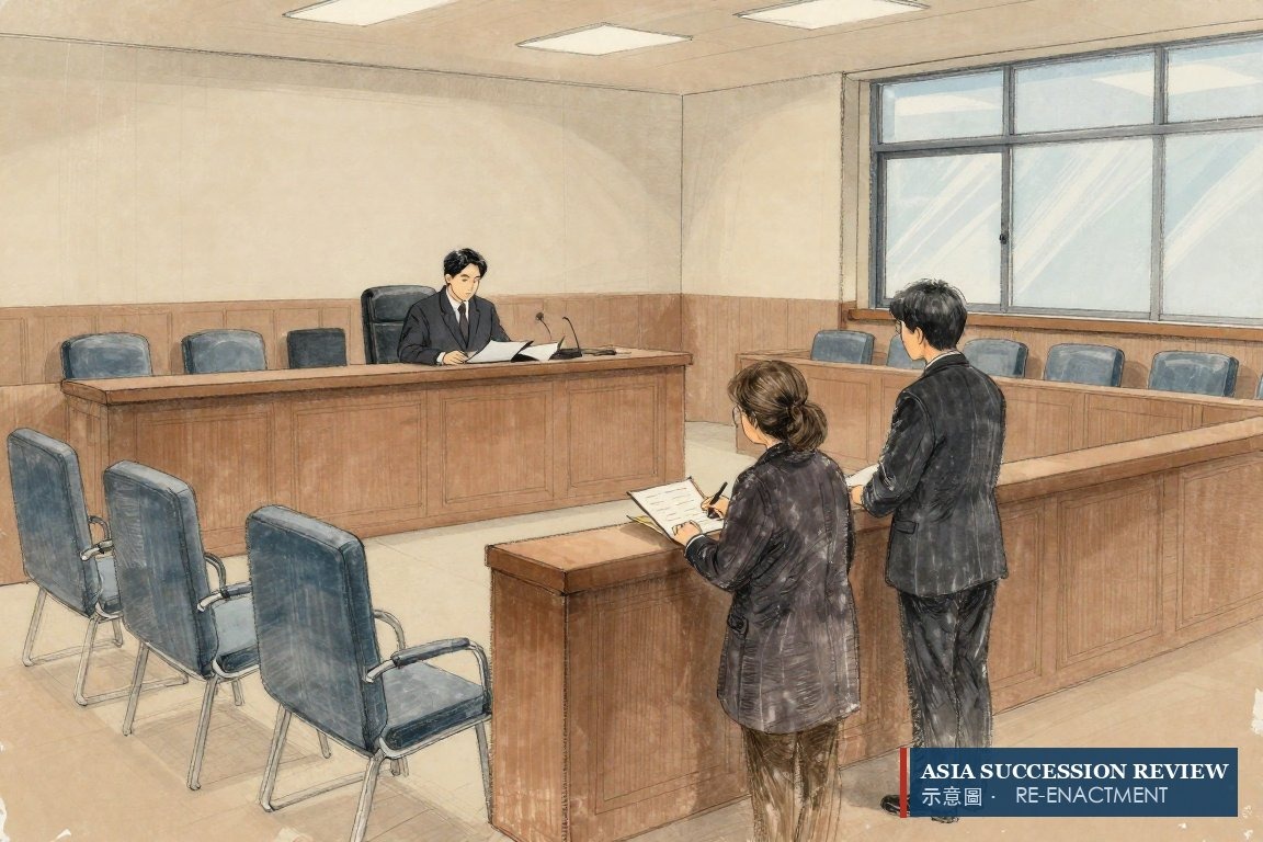 A judge closes a file as an elderly woman stands below — the adoption petition dismissed, 3 September 2026.