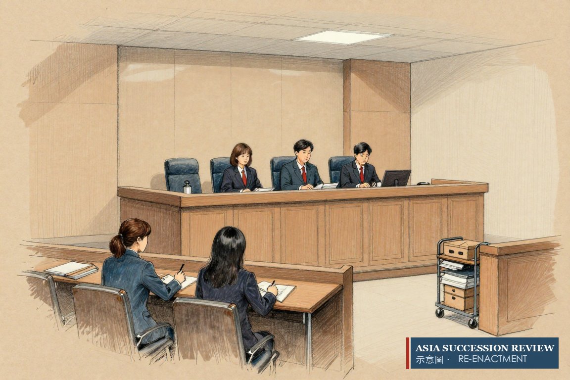 Three appellate judges above a widow and two daughters at the plaintiffs' table — the appeal opened 4 September 2026.