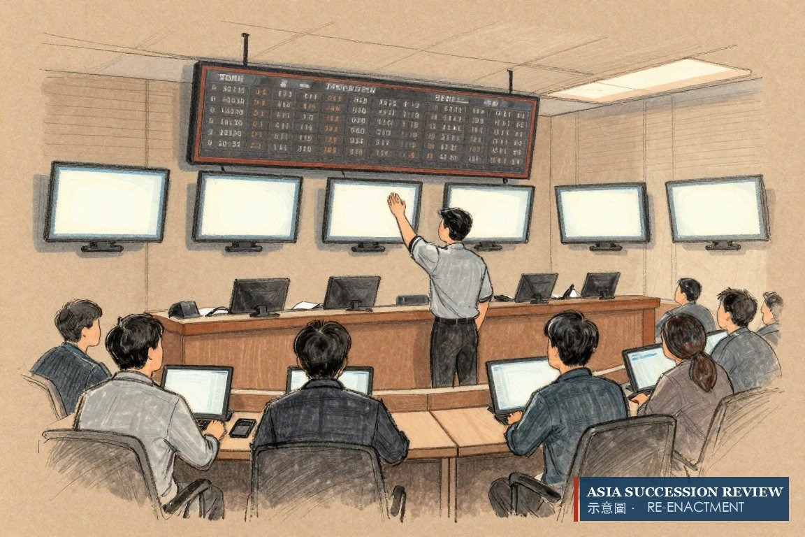 A dealer before blank price boards at the Seoul close — the founder's block valued at about ₩2.3 trillion.