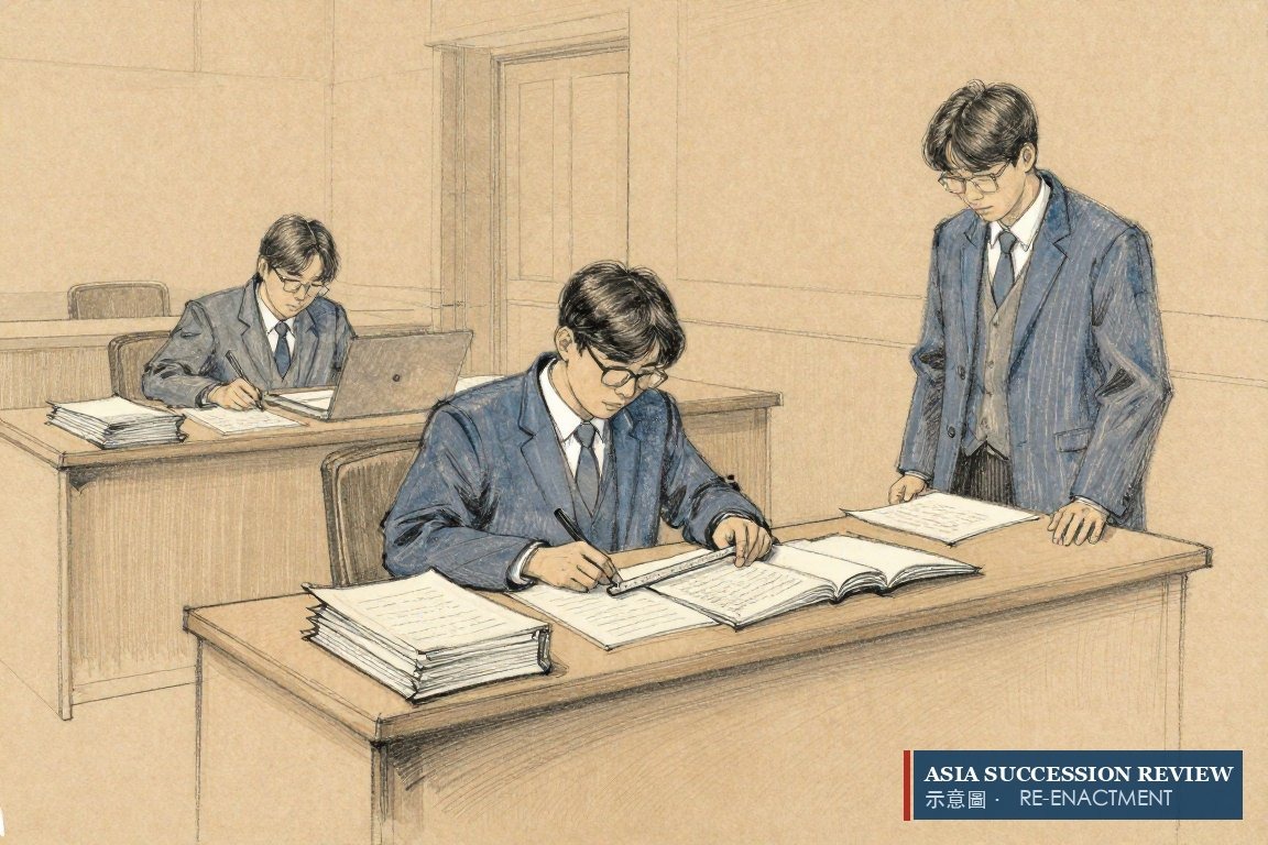 A scholar divides a document stack with a ruler — Korea's reserved share under articles 1112 and 1114.