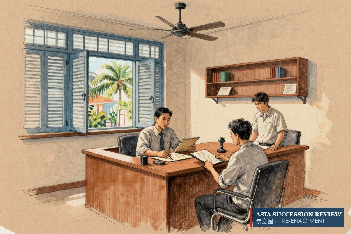 A lawyer slides a bound will across a Singapore table — no forced heirship for non-Muslims.