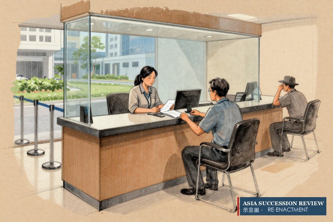 A trust officer lodges a folder at a Singapore counter — the transfer happens on a day the founder chooses.