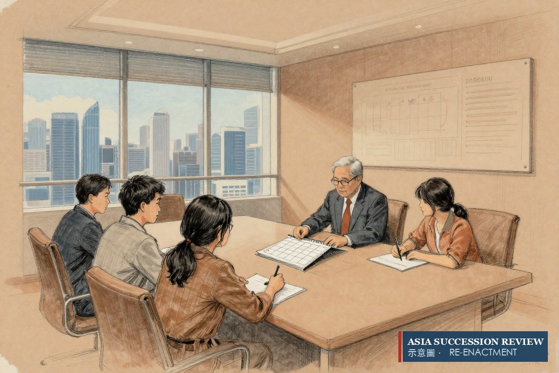 A founder and family around a trustee's table with a circled calendar — the conversation held while he is in the room.
